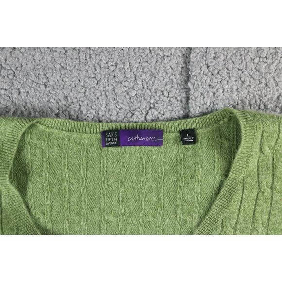 Saks Fifth Avenue Sweater Womens Large Green Cashmere V Neck Cable Knit Pullover - Picture 3 of 7